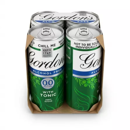 Enhanced Top view of Gordon's Alcohol Free With Tonic 4 pack showing cans inside the packaging