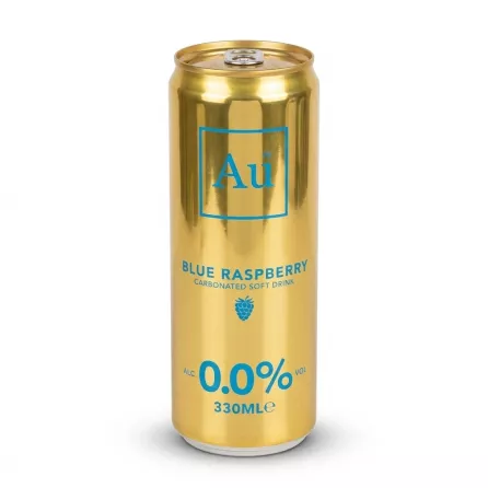 A close-up, high-definition studio photograph of a single 330ml gold can of Au Blue Raspberry Alcohol-Free soft drink, featuring electric blue text and branding. The can is centered against a clean white background with soft, symmetrical shadows.