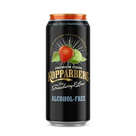 Enhanced Kopparberg Alcohol-Free Cider can with strawberry and lime design front view