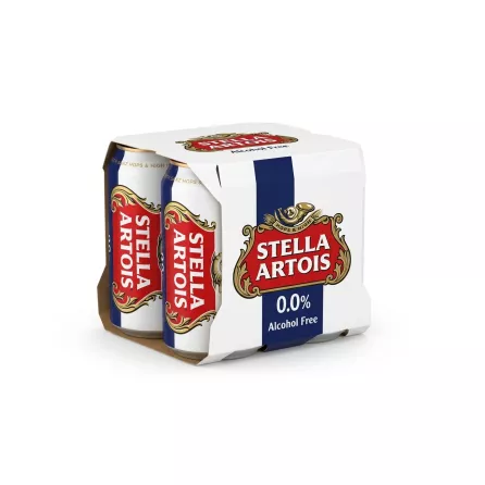 A professional studio photograph of a Stella Artois Alcohol-Free 0.0% Lager 4-pack of cans, shown on a pure white background with soft, realistic shadows.
