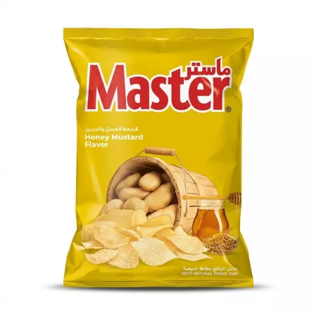Enhanced Front of Master Honey Mustard Potato Chips bag showing branding and flavour