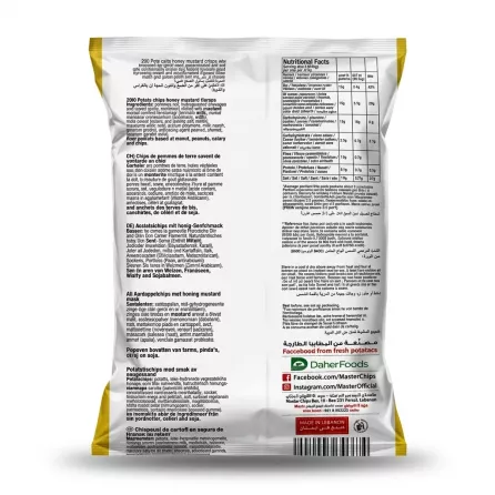 A professional 1:1 e-commerce photograph of the back of a Master Honey Mustard Crisps snack bag, clearly displaying the ingredient list and nutritional facts table against a clean, plain white background with professional lighting.
