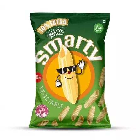 Enhanced Front of SNAKITOS Smarty Vegetable Snacks bag showing logo, halal label, and cartoon snack mascot