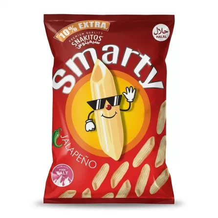 Enhanced Front view of Snakitos Smarty Jalapeño Crisps red packet