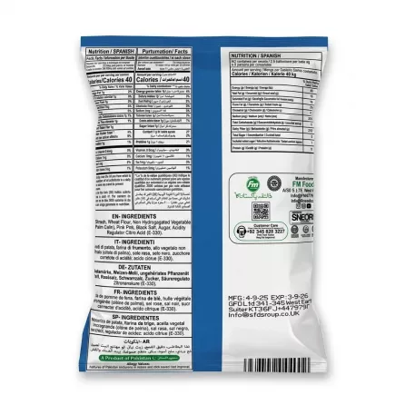 A clear, professional back-of-pack photo of FM Foods Snakitos Smarty Salted Snacks on a plain white background, detailing ingredients, nutrition facts, and manufacturer contact information in multiple languages.