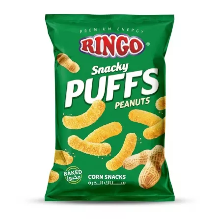 Enhanced Front of Ringo Snacky Puffs Peanuts Corn Snacks bag with product branding and yellow baked puffs