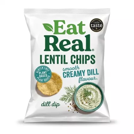 A 1:1 square e-commerce photo of the front packaging of Eat Real Lentil Chips, in smooth creamy dill flavour. The white bag features the green 'Eat Real' logo, detailed text, and a vibrant illustration of the creamy dill dip with a lentil chip. It is centered on a clean white background with a subtle, even soft shadow. {image}