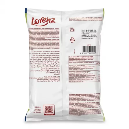Back view of Lorenz Chili & Lime Crinkle Cut Crisps foil bag, displaying nutritional information in multiple languages and ingredient lists under professional studio lighting.