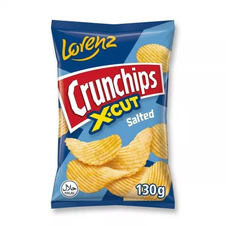 Enhanced Front of Lorenz Crunchips X-Cut Salted Crisps 130g pack held in a shop