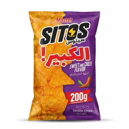 Enhanced Front view of Master Chips Sweet and Chilli Flavour Tortilla Chips 200g bag