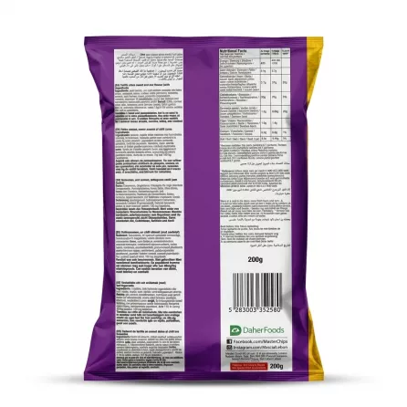 Enhanced Back of Master Chips Sweet and Chilli Flavour Tortilla Chips packaging with nutritional and ingredient information