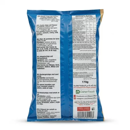 A professional studio shot of the back of a 170g bag of Master Salt Flavour Potato Chips, featuring clear, legible multilingual ingredients and nutritional facts on a solid white background.