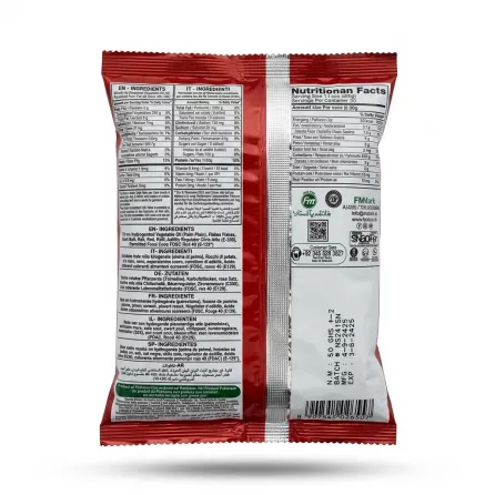 A professional back-of-pack photograph of the Nachos Salsa Flavour Crisps bag, centered against a seamless white background, clearly displaying all ingredients and nutritional tables in English, Italian, German, French, Dutch, Spanish, and Arabic. The image features soft, even shadows and sharp, crisp focus for readable text and brand information.