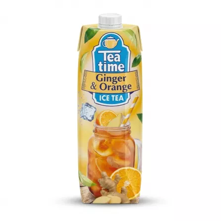 Enhanced Front of Tea Time Ginger & Orange Ice Tea 1L carton held in hand