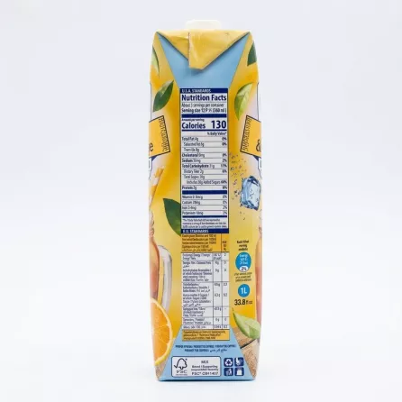 Enhanced Nutrition facts and ingredients on the side of Tea Time Ginger & Orange Ice Tea carton