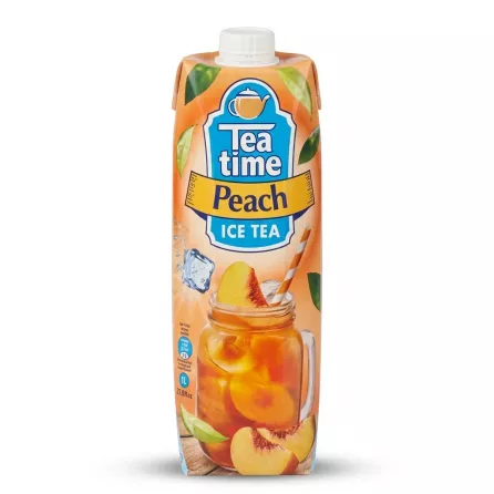 A 1-liter carton of Tea Time Peach Ice Tea, featuring an image of a mason jar filled with the drink, fresh peach slices, ice, and a striped straw, against a clean white background. PRODUCT TITLE: Tea Time Peach Ice Tea - Refreshing Halal Drink 1L PRODUCT: Tea Time Peach Ice Tea 1L carton front view