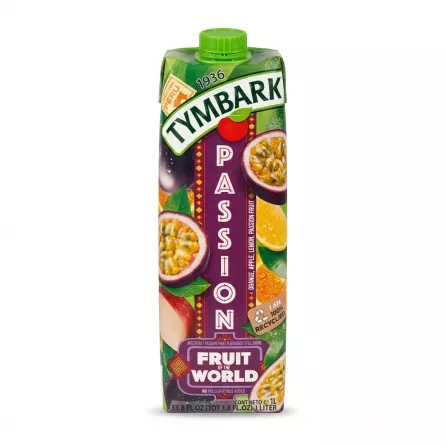 A professional product photograph of a 1L Tymbark Fruit of the World Passion fruit still drink carton. The front of the purple and green package displays vibrant images of whole and halved passion fruits, along with orange and apple slices.