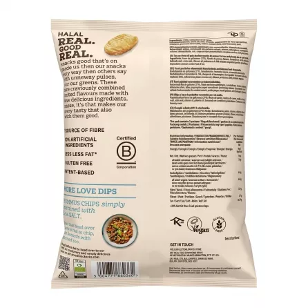Enhanced Back of Eat Real Hummus Chips Sea Salt bag with product details and ingredients