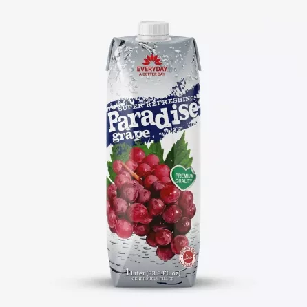 Enhanced Front of Everyday Paradise Grape Juice 1L carton, featuring grapes and premium quality label