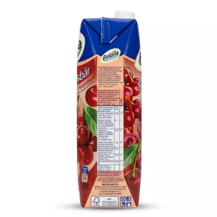 Enhanced Nutritional information and side view of Fontana Sour Cherry Fruit Drink 1L carton