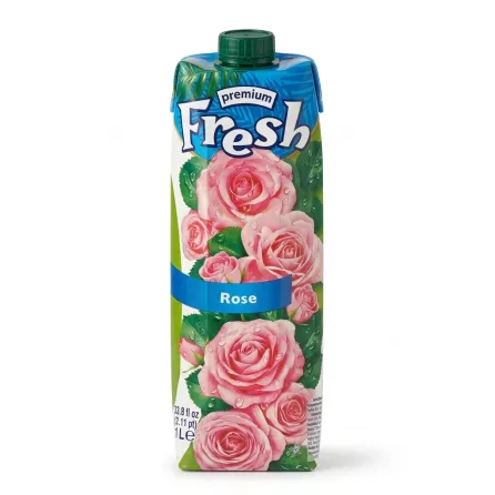 A 1-liter carton of Fresh Premium Rose Drink, featuring vibrant pink rose illustrations with water droplets and clear text, isolated against a clean white background.