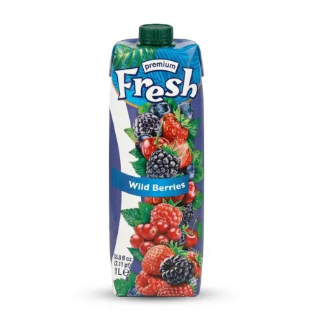 A 1L carton of Fresh Premium Wild Berries juice with a vibrant illustration of mixed berries.