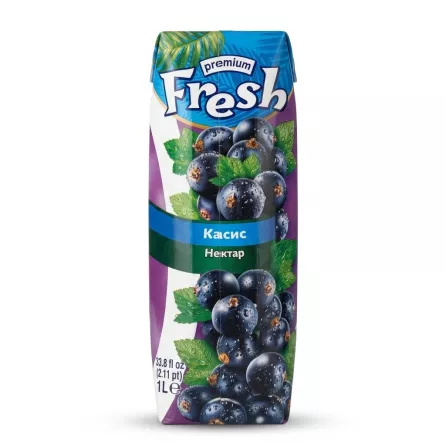 A 1-liter carton of Fresh Premium Blackcurrant Nectar, featuring a detailed illustration of blackcurrants and green leaves, is centered against a clean white background. The packaging includes the brand name in English and text in Russian. PRODUCT TITLE: Fresh Blackcurrant Nectar 1L