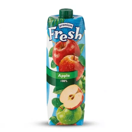 A 1-liter carton of Fresh Premium 100% Apple Juice is presented in a professional studio shot on a clean white background, featuring realistic images of fresh whole and sliced red and green apples. PRODUCT TITLE: Fresh Premium Apple Juice 1L [IMAGE]