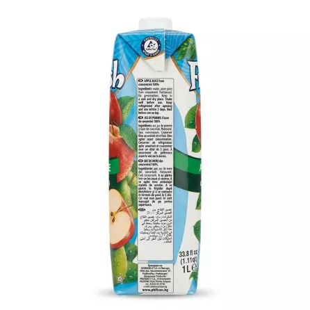 Enhanced Back label of Fresh Premium 100% Apple Juice showing ingredients and instructions