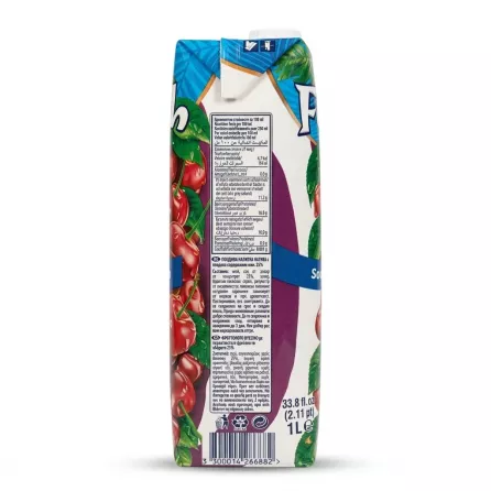 A 1-liter carton of Fresh Premium Sour Cherry Juice, viewed from the back. The carton displays detailed nutritional information, ingredients, and the Halal certification symbol against a clean white background.