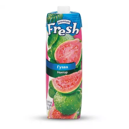 Enhanced Front view of Fresh Premium Guava Nectar 1L carton with guava image and multilingual text