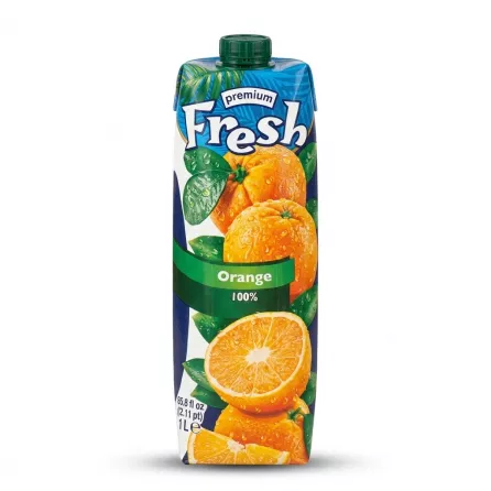 A 1-liter carton of Fresh 100% Orange Juice with Pulp, featuring realistic illustrations of oranges on a blue and green label, isolated on a white background.