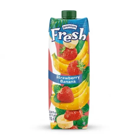 Enhanced Front view of Fresh premium Strawberry Banana Juice 1L carton, English label and price
