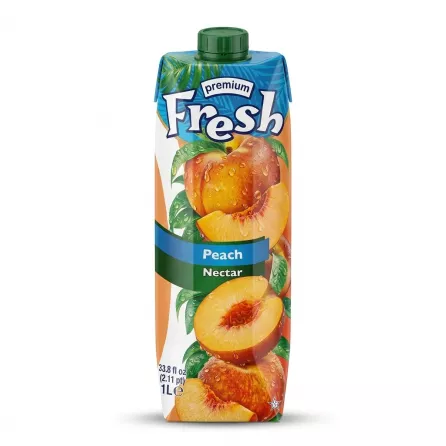 A 1-liter carton of Fresh Premium Peach Nectar drink featuring a green cap, vibrant peach graphics with water droplets, and the product title clearly displayed, presented as a professional e-commerce product photo with soft shadow against a clean background.