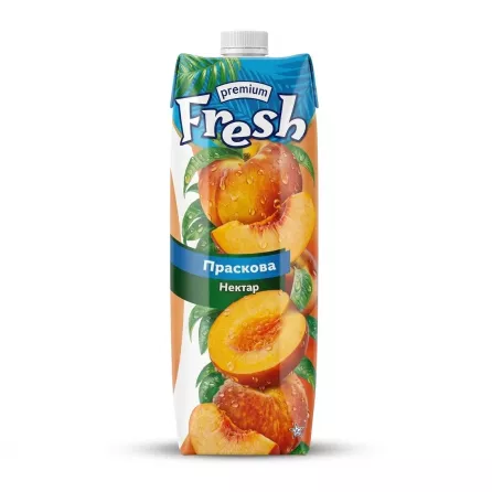 Enhanced Side of Fresh Premium Peach Nectar 1L featuring peaches graphic