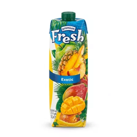 Enhanced Front of Fresh Premium Exotic Juice 1L carton with fruits and price label