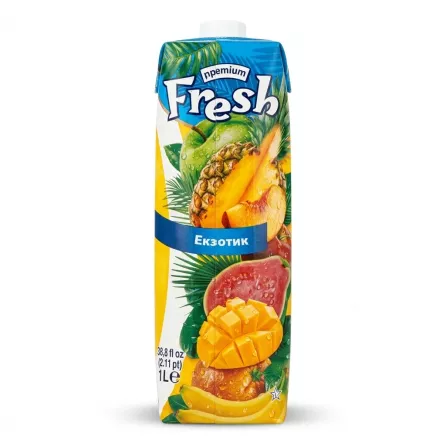Enhanced Back of Fresh Premium Exotic Juice 1L carton with fruit imagery and foreign text