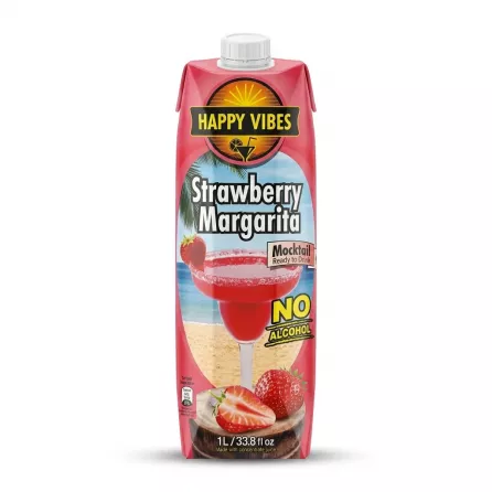 A 1-liter carton of Happy Vibes Strawberry Margarita Mocktail with no alcohol content, featuring a vibrant red design and images of strawberries and a margarita cocktail.