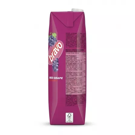 Enhanced Side view of Rauch Bravo Red Grape Juice Drink carton showing nutrition table