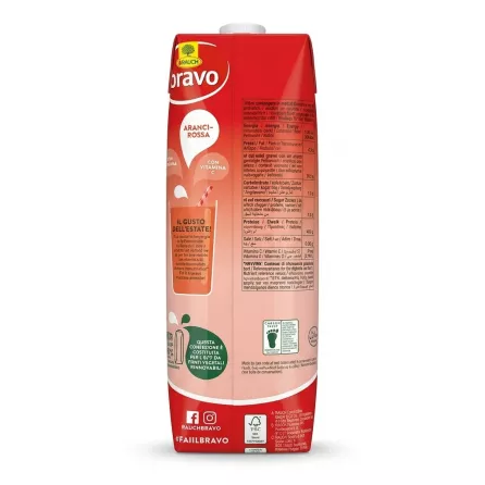 A professional 1:1 e-commerce product photograph showing the detailed back label of a Rauch Bravo Red Orange juice carton against a clean white background, highlighting its nutritional information, ingredients, and eco-friendly certification logos.