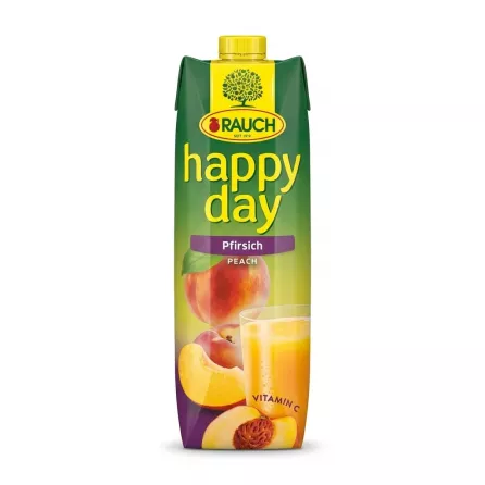 Enhanced Front of Rauch Happy Day Peach Juice 1L carton showing peach imagery and branding