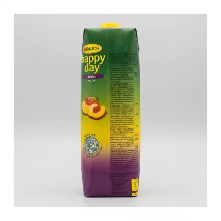 Enhanced Back side of Rauch Happy Day Peach Juice 1L carton with nutritional information