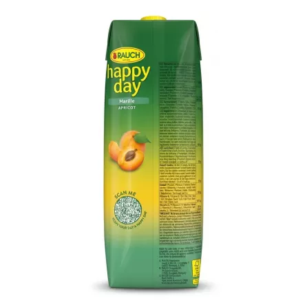 A 1-liter carton of Rauch Happy Day Apricot Juice is centered against a pure white background. The side view of the green carton displays the product branding, illustrations of apricots, nutritional information, and a large "Scan Me" QR code, all in sharp focus.