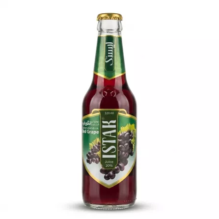 A 320ml glass bottle of Istak Red Grape Carbonated Drink with a green and gold label featuring a bunch of grapes, isolated on a clean white background.