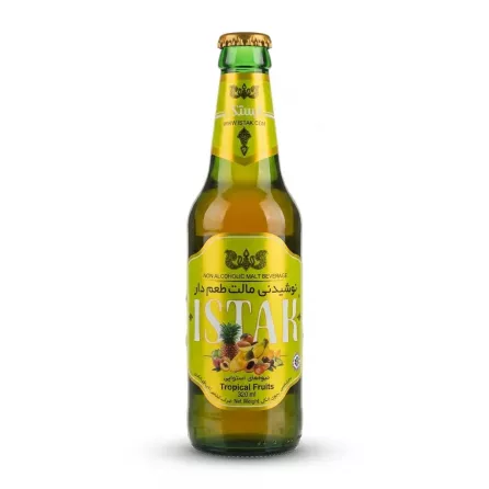 Enhanced Front of Istak Tropical Fruits Malt Beverage 320ml bottle in hand
