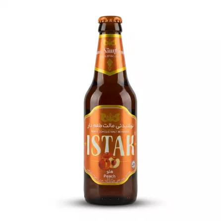 Enhanced Front view of Istak Peach Non-Alcoholic Malt Beverage 320ml bottle with orange label
