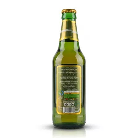 A 320ml glass bottle of Istak Apple Non Alcoholic Malt Beverage, positioned to clearly show the back label with ingredients, nutritional information, and logos against a clean white background.