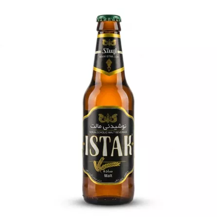 Enhanced Front view of Istak Non Alcoholic Malt Beverage bottle held in a shop aisle