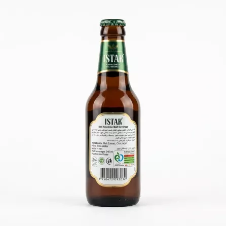 Enhanced Back label of Istak Non Alcoholic Malt Beverage showing ingredients and barcode