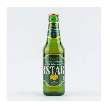 Enhanced Front view of Istak Lemon Non-Alcoholic Malt Beverage 320ml in a green glass bottle